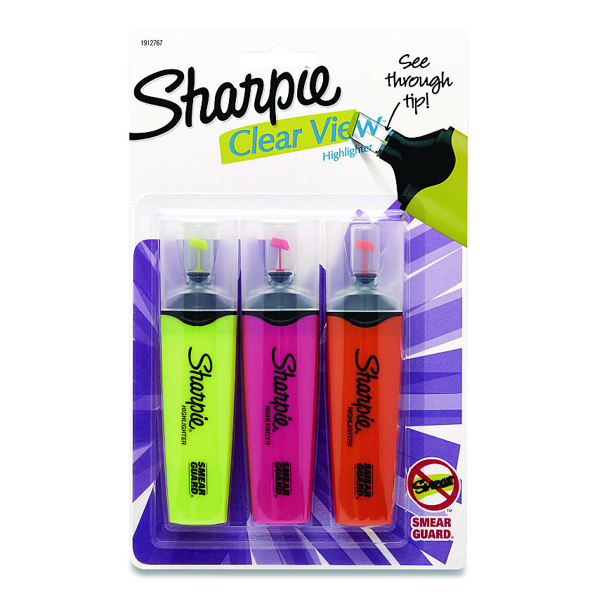 Sharpie Clearview Tank-Style Highlighter, Assorted Ink Colors, Chisel Tip, Assorted Barrel Colors, 3/Pack (1912767)