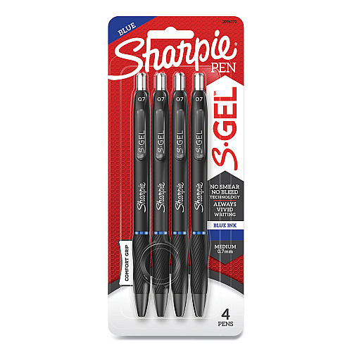 Sharpie S-Gel High-Performance Gel Pen, Retractable, Medium 0.7 mm, Blue Ink, Black Barrel, 4/Pack (2096172)