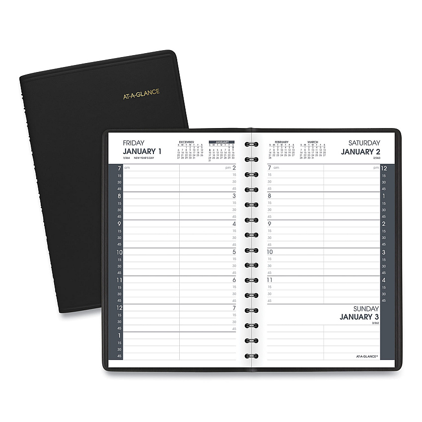 AT-A-GLANCE Daily Appointment Book with 15-Minute Appointments, One Day/Page: Mon to Sun, 8 x 5, Black Cover, 12-Month (Jan to Dec): 2026 (7080005)