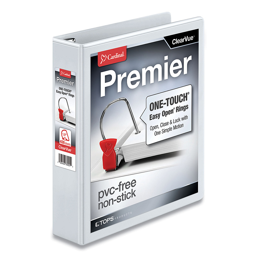 Cardinal Premier Easy Open ClearVue Locking Slant-D Ring Binder, 3 Rings, 1.5" Capacity, 11 x 8.5, White (10310)