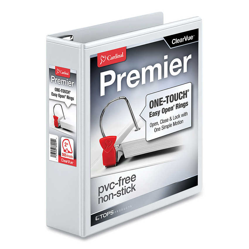 Cardinal Premier Easy Open ClearVue Locking Slant-D Ring Binder, 3 Rings, 2" Capacity, 11 x 8.5, White (10320)