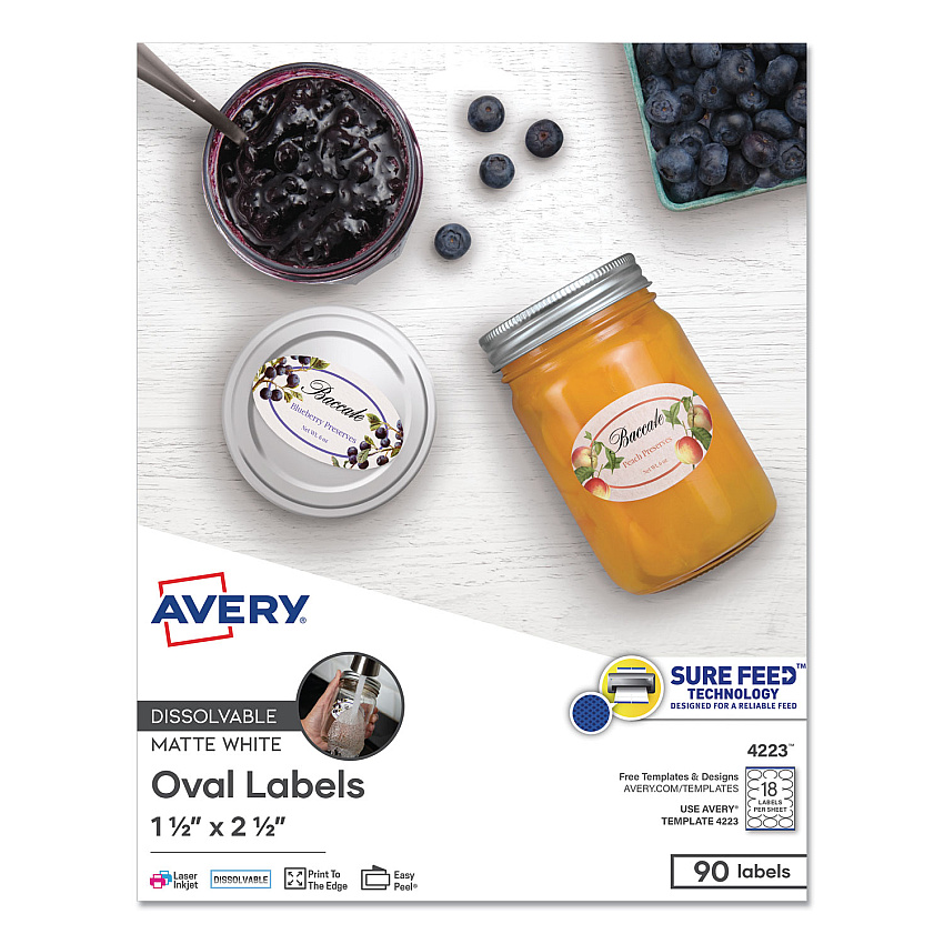 Avery White Dissolvable Labels w/ Sure Feed, 1.5 x 2.5, Oval, White, 90/PK 1 1/2" Width x 2 1/2" Length - Oval - Laser, Inkjet - White - Paper - 18 / Sheet - 5 Total Sheets - 90 Total Label(s) - 90 / Pack (4223)