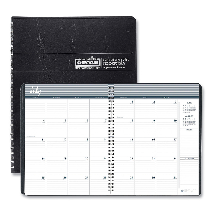 House of Doolittle Academic Year 14-Month Recycled Ruled Monthly Planner, 11 x 8.5, Black Cover, 14-Month: July 2025 to Aug 2026 (26502)
