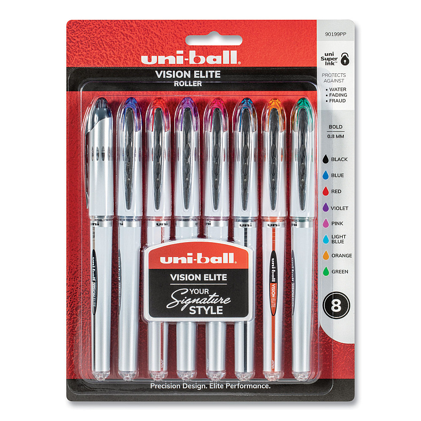 uni-ball VISION ELITE Hybrid Gel Pen, Stick, Bold 0.8 mm, Assorted Ink and Barrel Colors, 8/Pack 0.8 mm Bold Pen Point - Refillable - Retractable - Assorted Ink - Gel-based - 8 / Pack (90199PP)