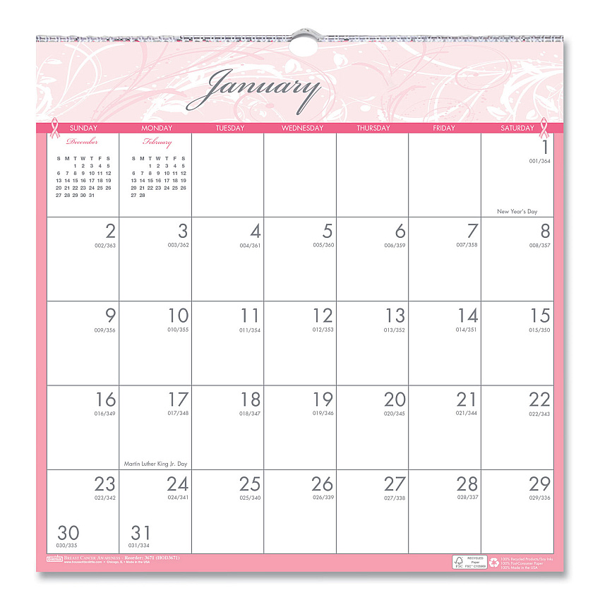 House of Doolittle Recycled Monthly Wall Calendar, Breast Cancer Awareness Artwork, 12 x 12, White/Pink/Gray Sheets, 12-Month (Jan-Dec): 2026 (3671)
