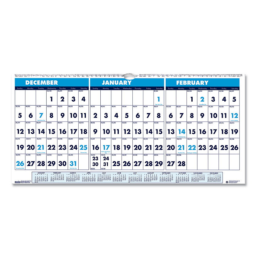 House of Doolittle Recycled Three-Month Format Wall Calendar, Horizontal Orientation, 17 x 8, White Sheets, 14-Month: Dec 2025 to Jan 2027 (3647)