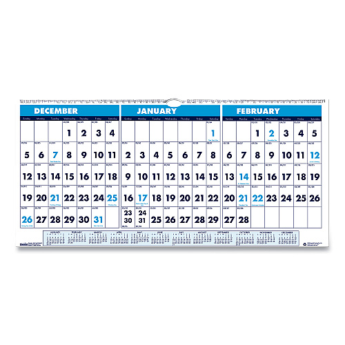 House of Doolittle Recycled Three-Month Format Wall Calendar, Horizontal Orientation, 23.5 x 12, White Sheets, 14-Month: Dec 2025 to Jan 2027 (3648)
