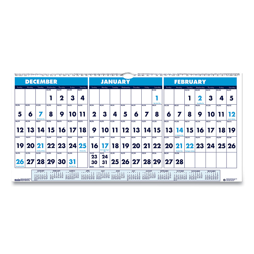 House of Doolittle Recycled Three-Month Format Wall Calendar, Horizontal Orientation, 23.5 x 12, White Sheets, 14-Month: Dec 2025 to Jan 2027 (3648)