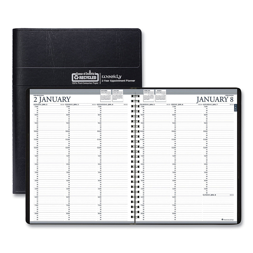 House of Doolittle Recycled Professional Weekly Planner, 15-Minute Appts, 11 x 8.5, Black Wirebound Soft Cover, 24-Month: Jan 2026 to Dec 2027 (272002)