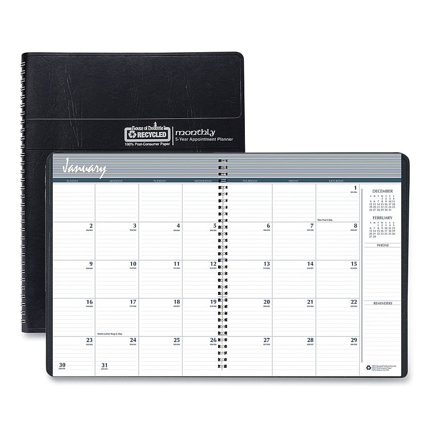 House of Doolittle Recycled Monthly 5-Year/62-Month Planner, 11 x 8.5, Black Cover, 62-Month: Dec 2025 to Jan 2031 (262502)