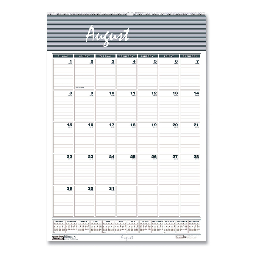 House of Doolittle Academic Year Bar Harbor Recycled Wirebound Monthly Wall Calendar, 12 x 17, White/Blue Sheets, 12-Month (Aug-July): 2025-2026 (352)