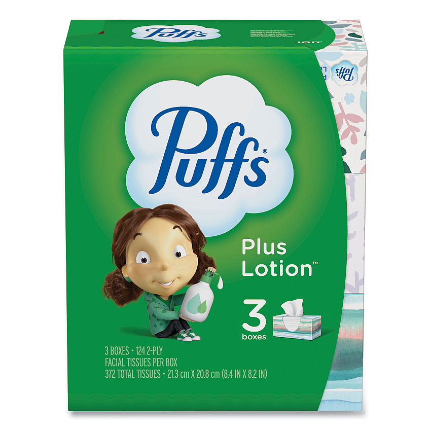 Puffs Plus Lotion Facial Tissue, 2-Ply, White, 124/Box, 3 Box/Pack, 8 Packs/Carton (39363)