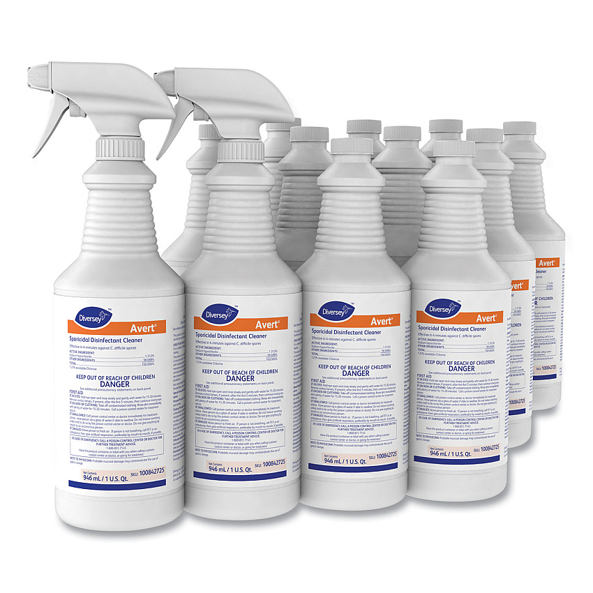 Diversey Avert Sporicidal Disinfectant Cleaner, 32 oz Spray Bottle, 12/Carton (100842725)