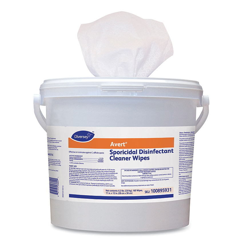 Diversey Avert Sporicidal Disinfectant Cleaner Wipes, Chlorine, 11 x 12, 160/Can, 4/CT (100895931)