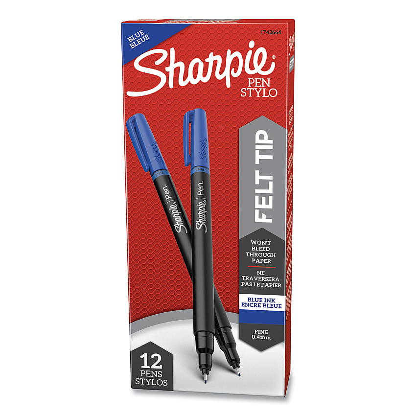 Sharpie Water-Resistant Ink Porous Point Pen, Stick, Fine 0.4 mm, Blue Ink, Black/Blue Barrel, Dozen (1742664)