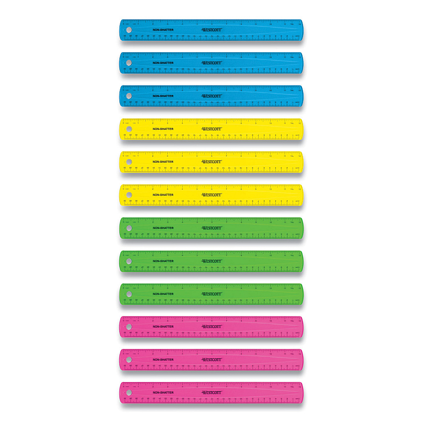 Westcott Non-Shatter Flexible Ruler, Standard/Metric, 12" (30 cm) Long, Plastic, Assorted Translucent Colors, 12/Box (17721)