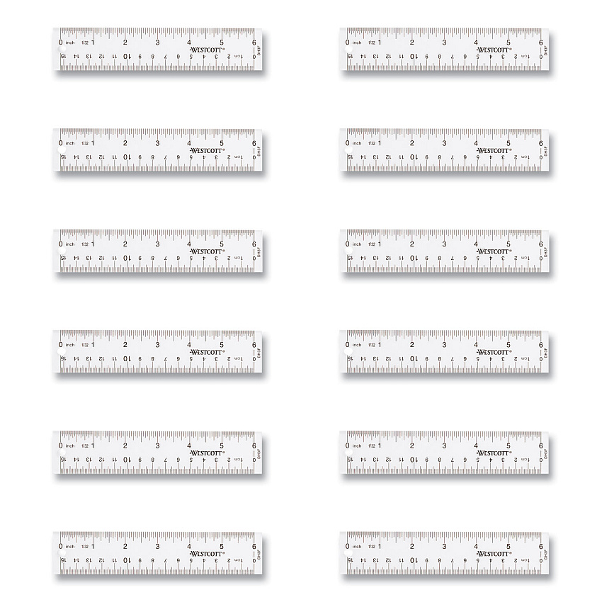 Westcott Clear Flexible Acrylic Ruler, Standard/Metric, 6" (15 cm) Long, Clear, 12/Box (17723)