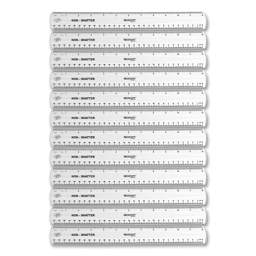 Westcott Non-Shatter Flexible Ruler, Standard/Metric, 12" (30 cm) Long, Plastic, Clear, 12/Box (17725)