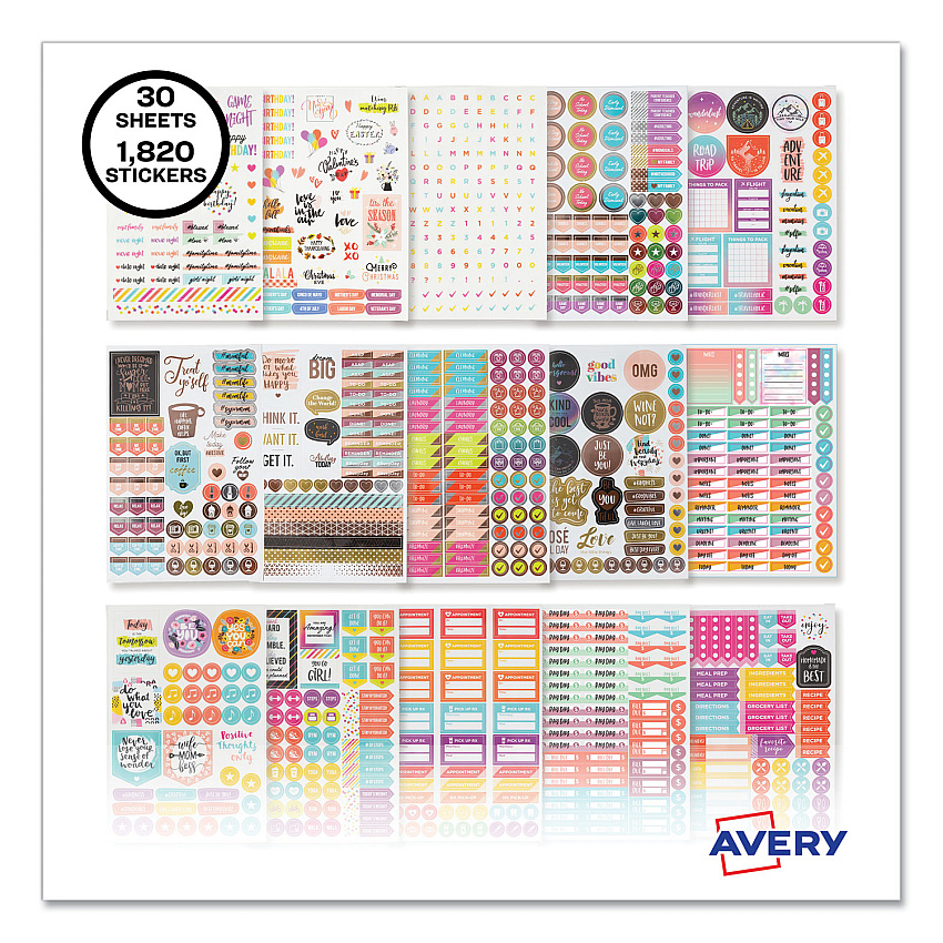 Avery Planner Sticker Variety Pack for Moms, Budget, Family, Fitness, Holiday, Work, Assorted Colors, 1,820/Pack (6780)