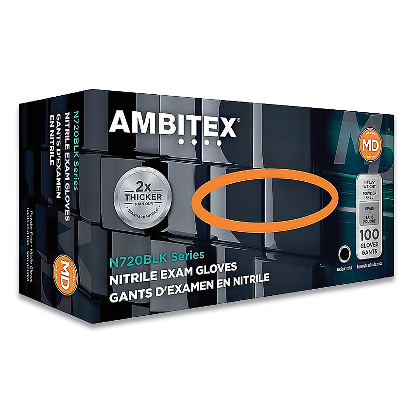 AMBITEX N720 Series Powder-Free Nitrile Gloves, 6 mil, Medium, Black, 100/Box, 10 Boxes/Carton (NMD720BLK)