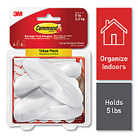 Command General Purpose Hooks, Large, Plastic, White, 5 lb Capacity, 4 Hooks and 6 Strips/Pack (170834ES)