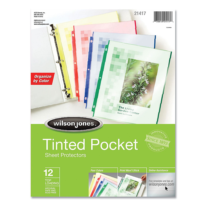 Wilson Jones Tinted Pocket Sheet Protectors, 3 Hole Punched, Top Loading, Letter, Assorted Colors, 12/Pack (W21417)