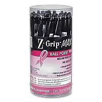 Zebra Z-Grip MAX Breast Cancer Awareness Ballpoint Pen, Retractable, Bold 1.2 mm, Black Ink, Silver/Black Barrel, 24/Pack (32577)