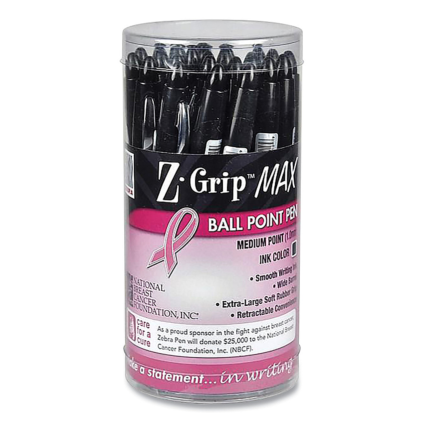 Zebra Z-Grip MAX Breast Cancer Awareness Ballpoint Pen, Retractable, Bold 1.2 mm, Black Ink, Silver/Black Barrel, 24/Pack (32577)