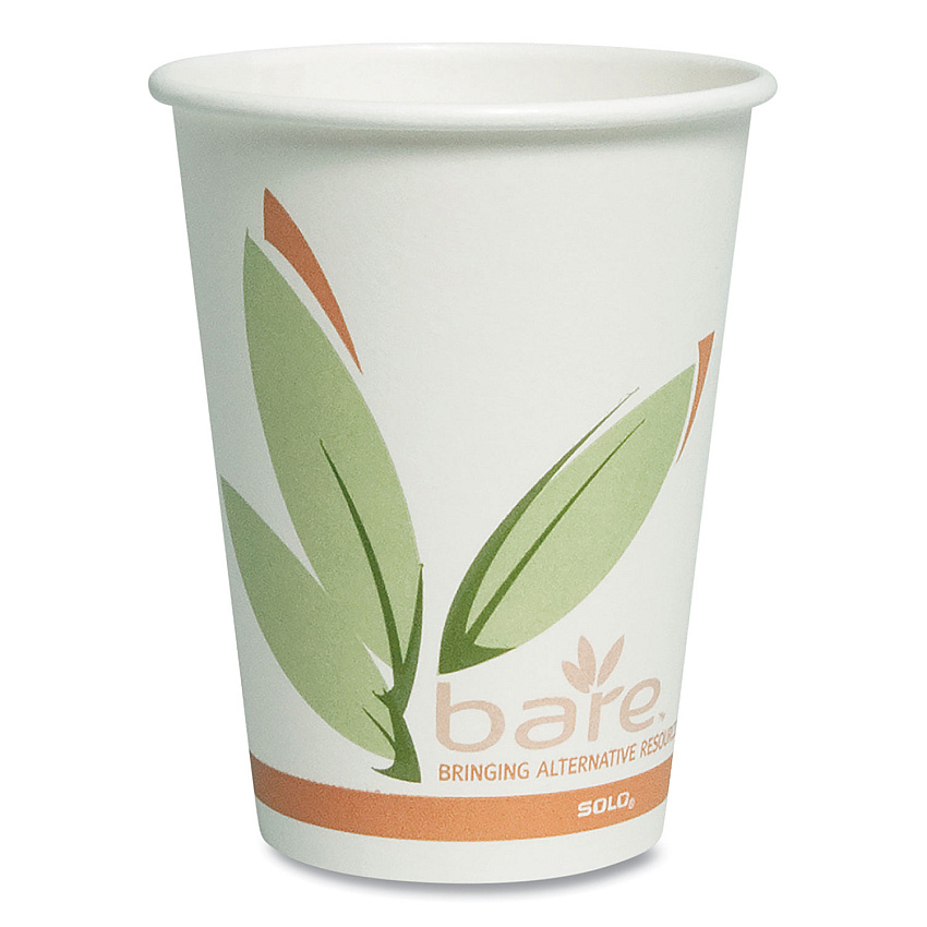 SOLO Bare Eco-Forward Recycled Content PCF Paper Hot Cups, ProPlanet Seal, 12 oz, Green/White/Beige, 1,000/Carton (412RCN)