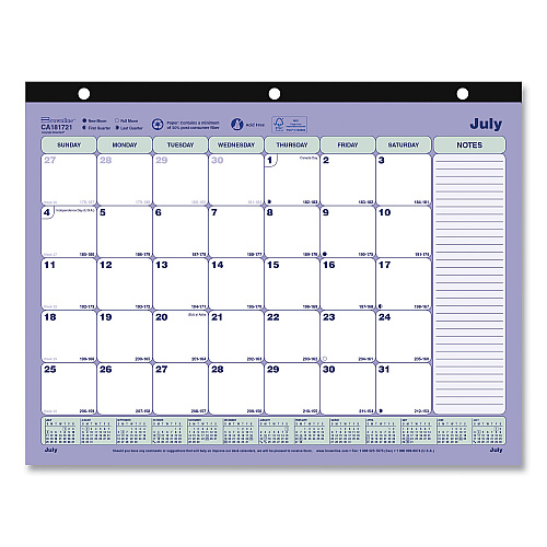 Brownline Academic 13-Month Binder-Insertable Desk Pad Calendar, 11 x 8.5, White/Blue/Green Sheets, 13-Month: July 2025 to July 2026 (CA181721)