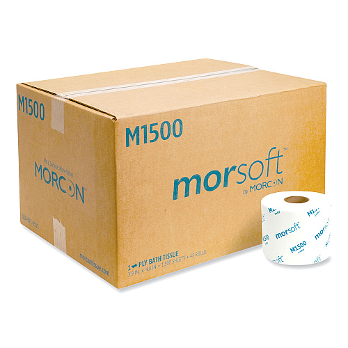 Morcon Paper Morsoft Controlled Bath Tissue, Split-Core, Septic Safe, 1-Ply, White, 3.9" x 4", 1500 Sheets/Roll, 48 Rolls/Carton (M1500)