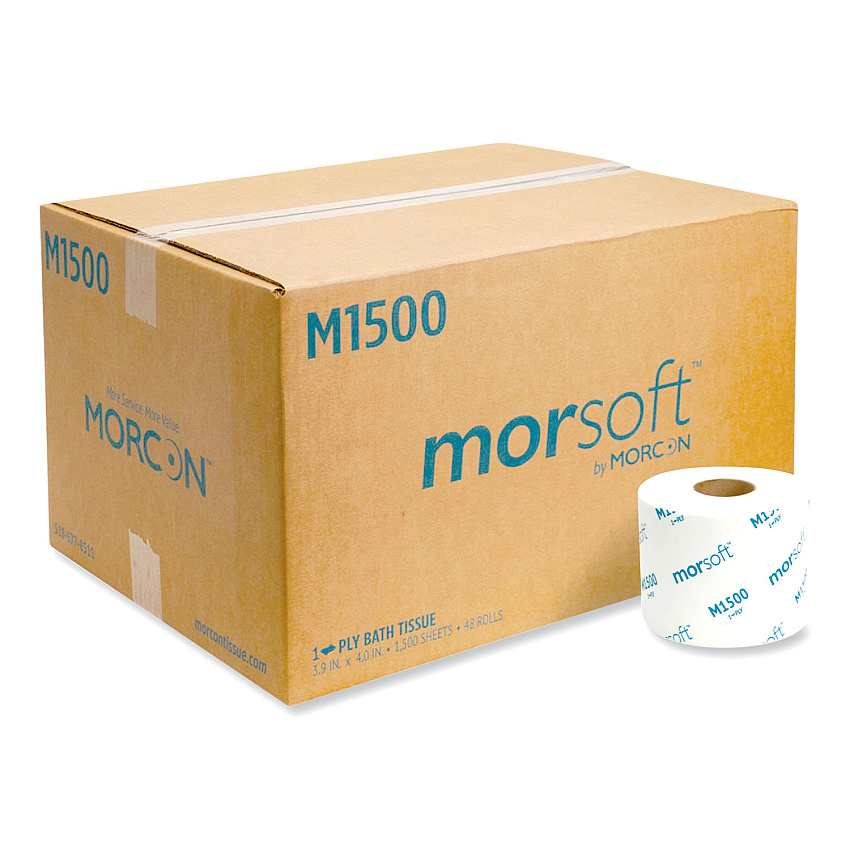 Morcon Paper Morsoft Controlled Bath Tissue, Split-Core, Septic Safe, 1-Ply, White, 3.9" x 4", 1500 Sheets/Roll, 48 Rolls/Carton (M1500)