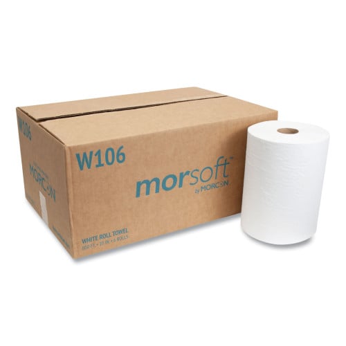 Morcon W106 Hardwound Paper Towels, White, 1-Ply, 800-ft., 6 Rolls