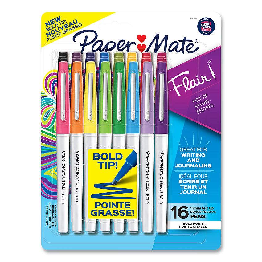 Paper Mate Flair Felt Tip Porous Point Pen, Stick, Bold 1.2 mm, Assorted Ink Colors, White Pearl Barrel, 16/Pack (2125413)
