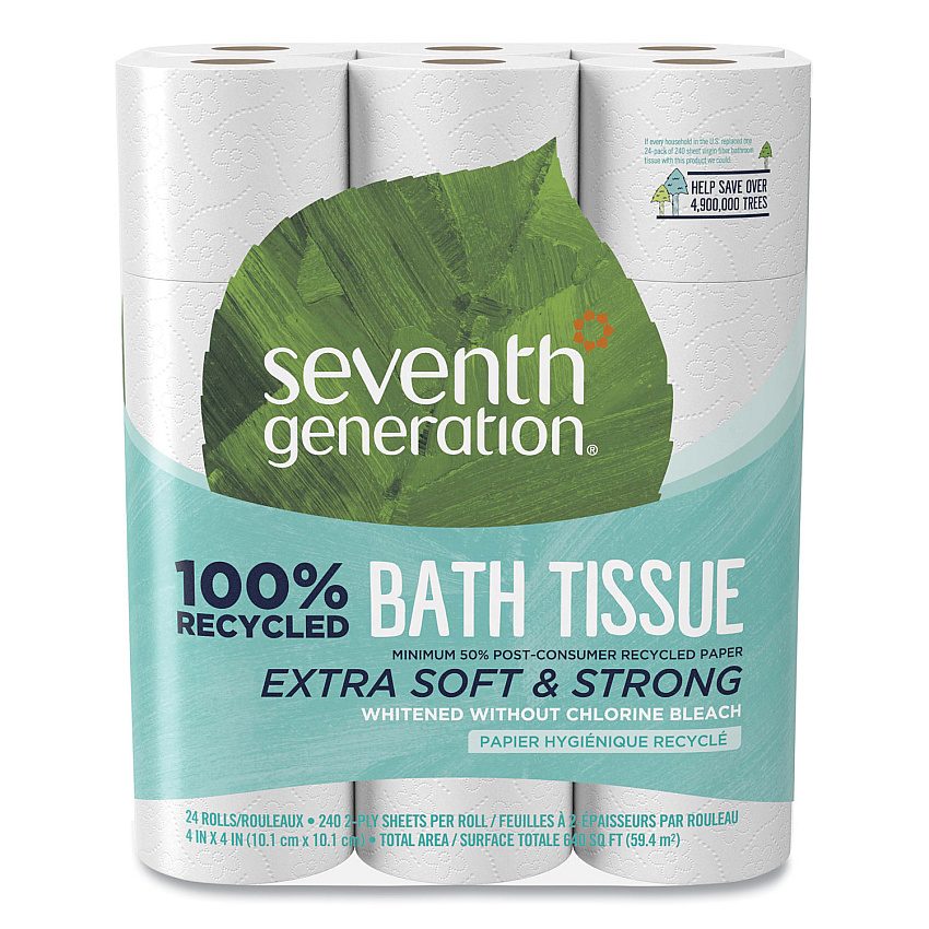 Seventh Generation 100% Recycled Bathroom Tissue, Septic Safe, 2-Ply, White, 240 Sheets/Roll, 24/Pack, 2 Packs/Carton (13738CT)