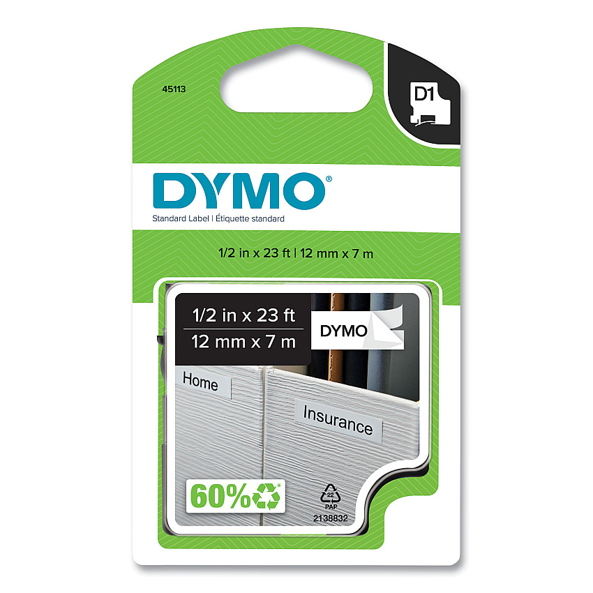 DYMO D1 High-Performance Polyester Removable Label Tape, 0.5" x 23 ft, Black on White (45113)