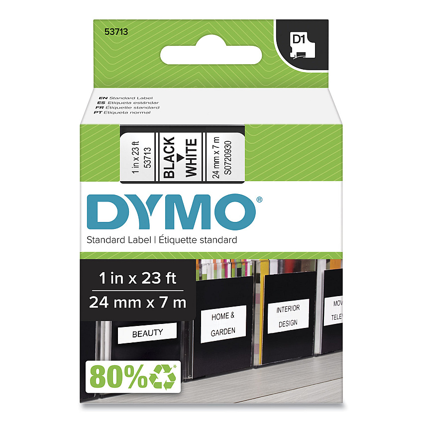DYMO D1 High-Performance Polyester Removable Label Tape, 1" x 23 ft, Black on White (53713)