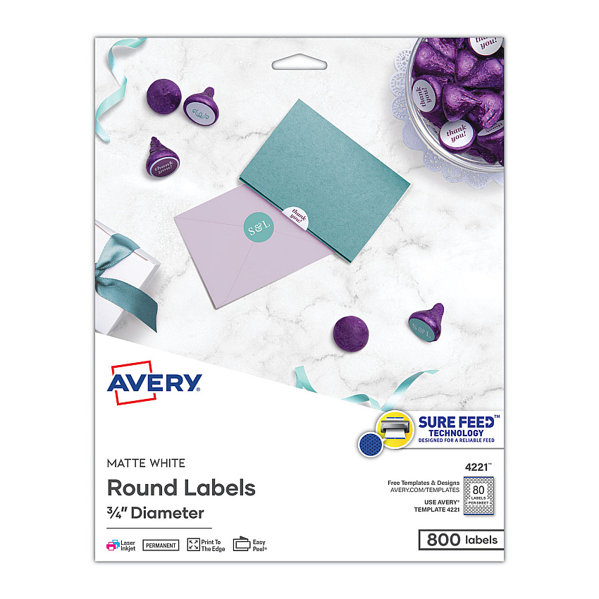 Avery Printable Self-Adhesive Permanent ID Labels w/Sure Feed, 0.75" dia, White 800/PK (4221)