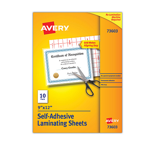 Avery Clear Self-Adhesive Laminating Sheets, 3 mil, 9" x 12", Matte Clear, 10/Pack (73603)