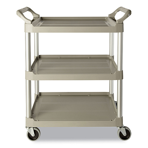 Rubbermaid Commercial Three-Shelf Service Cart, Plastic, 3 Shelves, 200 lb Capacity, 18.63" x 33.63" x 37.75", Platinum (342488PM)