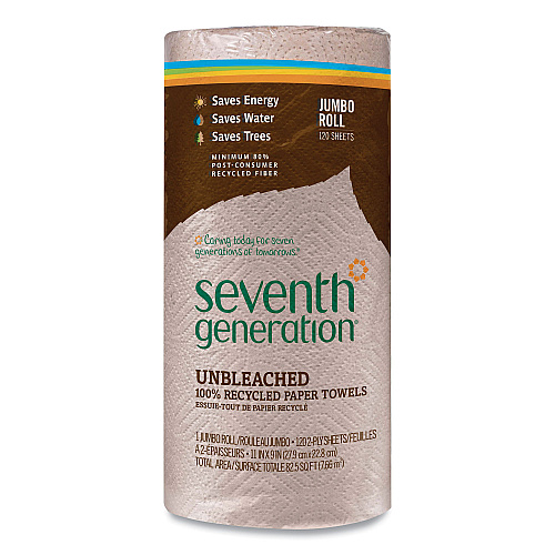 Seventh Generation Natural Unbleached 100% Recycled Paper Kitchen Towel Rolls, 2-Ply, Individually Wrapped, 11 x 9, 120/Roll, 30 Rolls/Carton (13720CT)