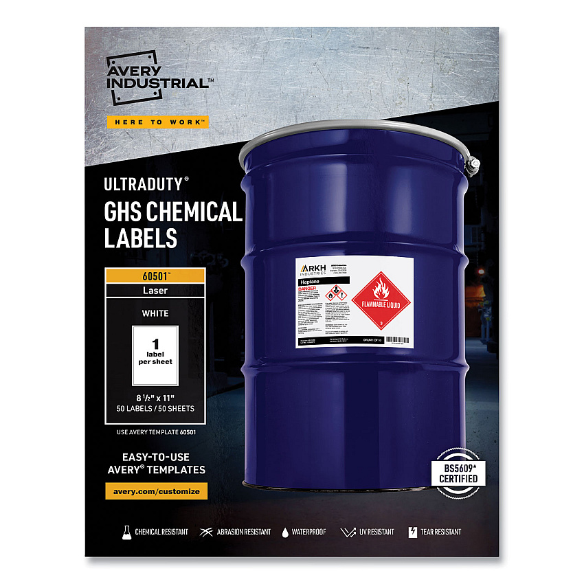 Avery UltraDuty GHS Chemical Waterproof and UV Resistant Labels, 8.5 x 11, White, 50/Box (60501)