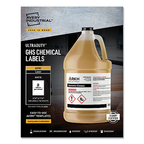 Avery UltraDuty GHS Chemical Waterproof and UV Resistant Labels, 4.75 x 7.75, White, 2/Sheet, 50 Sheets/Box (60502)