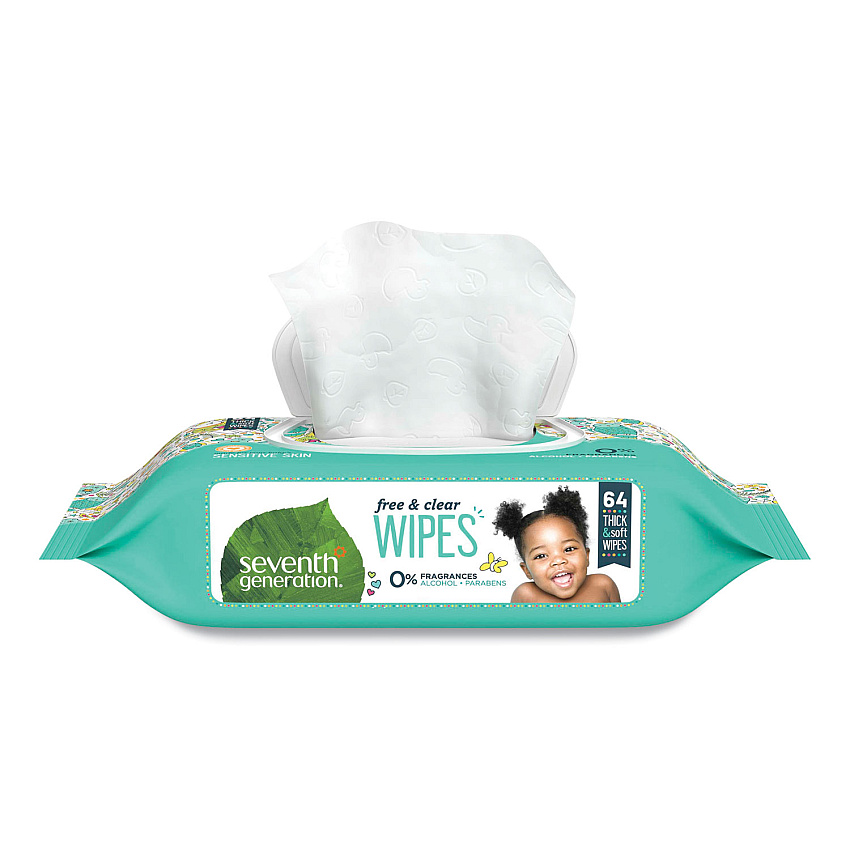 Seventh Generation Free and Clear Baby Wipes, 7 x 7, Unscented, White, 64/Flip Top Pack, 12 Packs/Carton (34208CT)