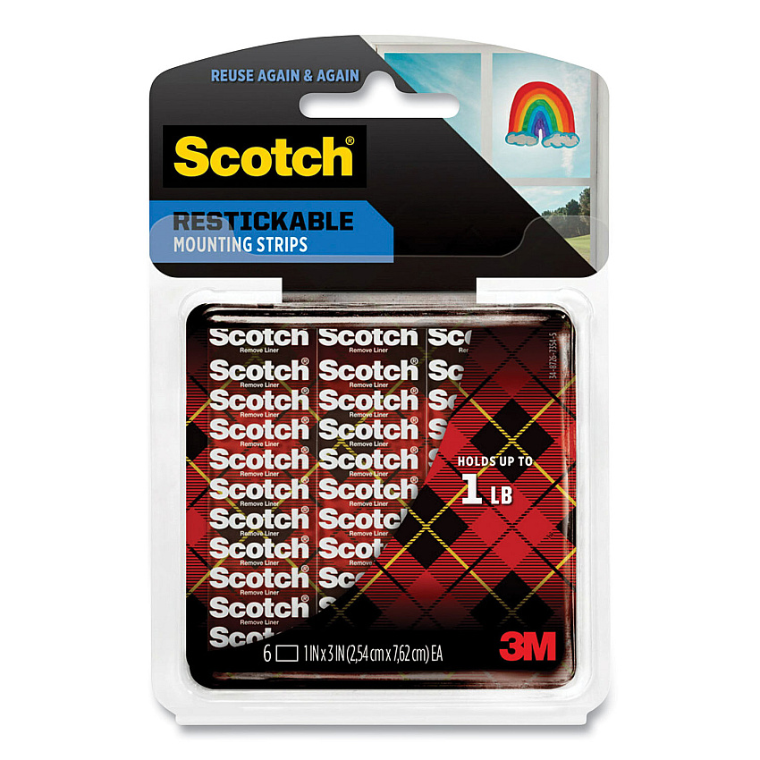 Scotch Restickable Mounting Tabs, Removable, Holds Up to 1 lb, 1 x 3, Clear, 6/Pack (R101)