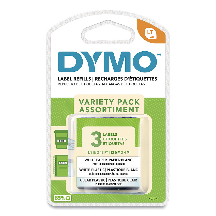 DYMO LetraTag Paper/Plastic Label Tape Value Pack, 0.5" x 13 ft, Assorted, 3/Pack (12331)