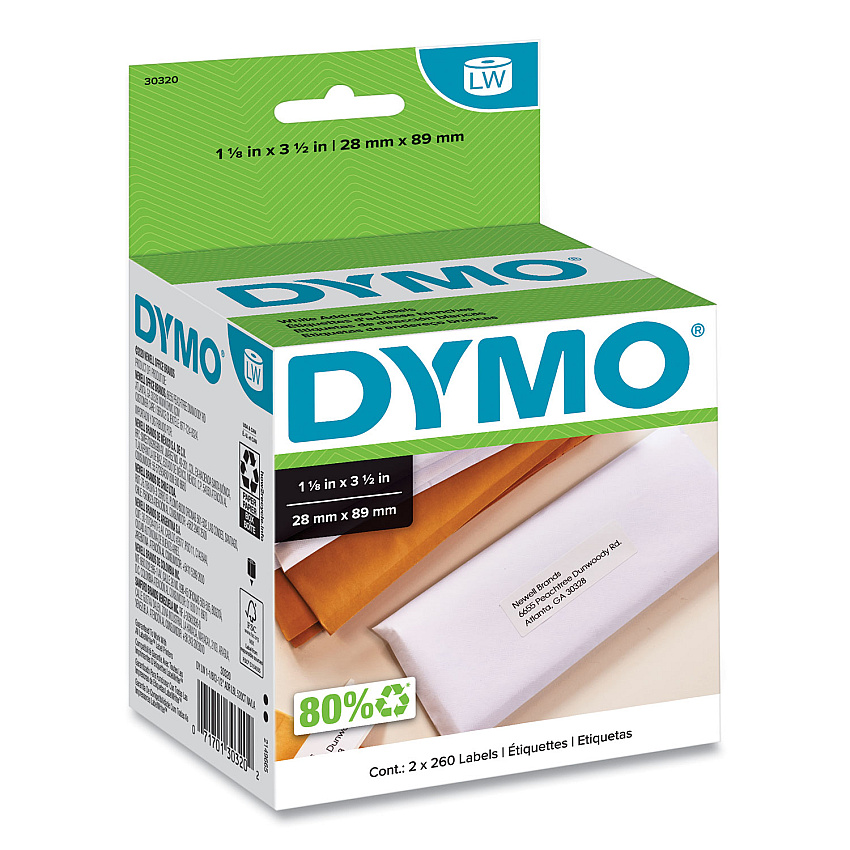 DYMO LabelWriter Address Labels, 1.12" x 3.5", White, 260 Labels/Roll, 2 Rolls/Pack (30320)