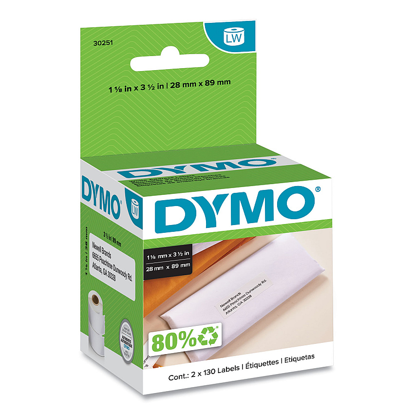 DYMO LabelWriter Address Labels, 1.12" x 3.5", White, 130 Labels/Roll, 2 Rolls/Pack (30251)