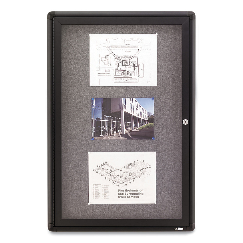 Quartet Enclosed Indoor Fabric Bulletin Board with Hinged Doors, One Door, 24 x 36, Gray Surface, Graphite Aluminum Frame (2363L)