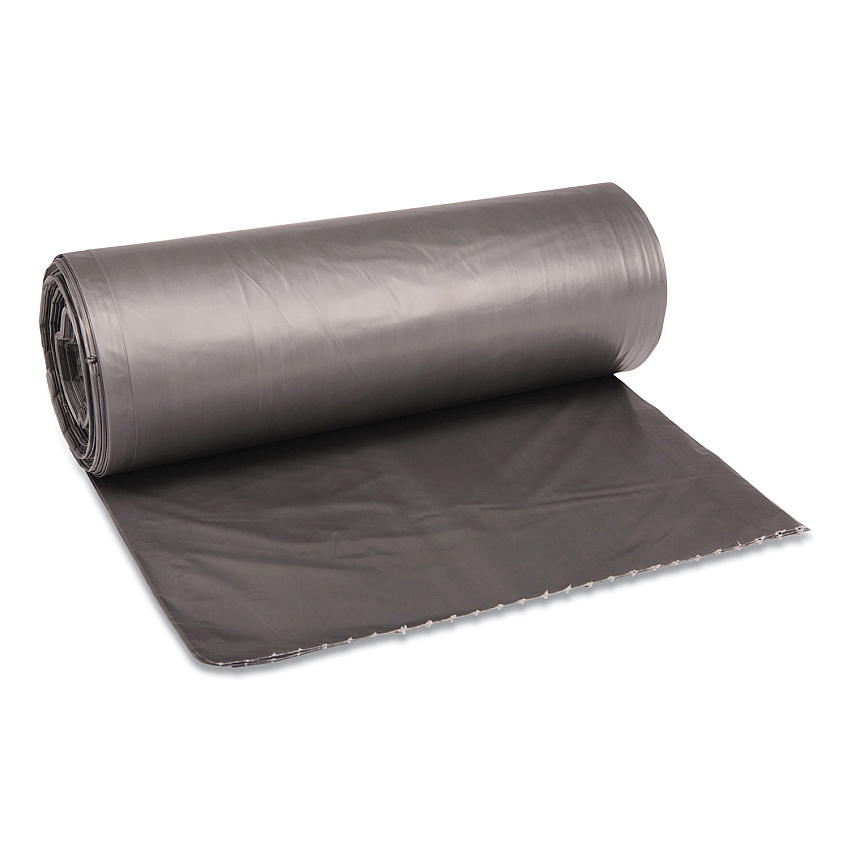 Boardwalk Low-Density Waste Can Liners, 60 gal, 1.1 mil, 38" x 58", Gray, Perforated Roll, 20 Bags/Roll, 5 Rolls/Carton (BWK3858SEH)